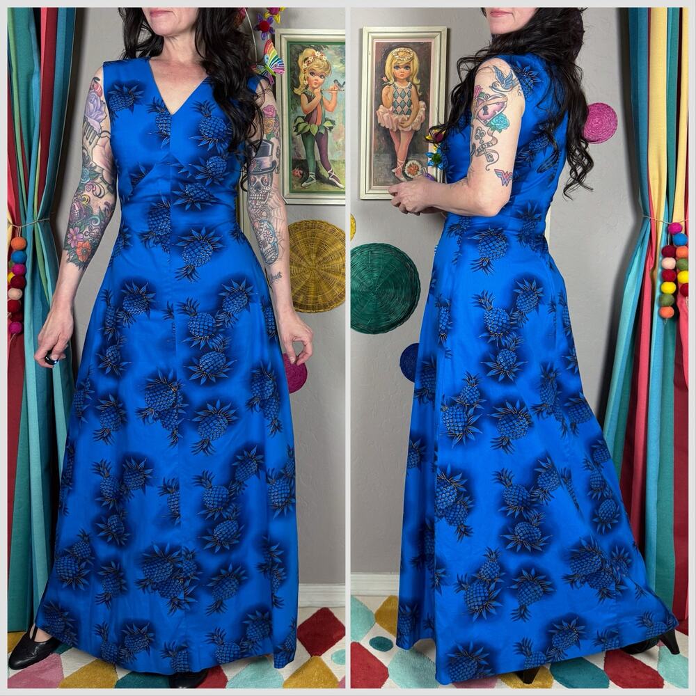 Vintage 1950s Blue and Gold Pineapple Print Tiki Maxi Dress - Picture 4 of 7